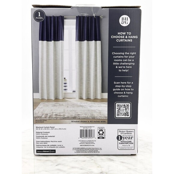 Better Homes & Gardens Navy Color Block Blackout Curtain Panel 50x84in Blue Cove - Picture 3 of 3